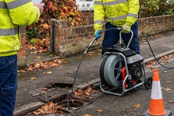 Engineer clearing a blocked outdoor drainage gully with hose