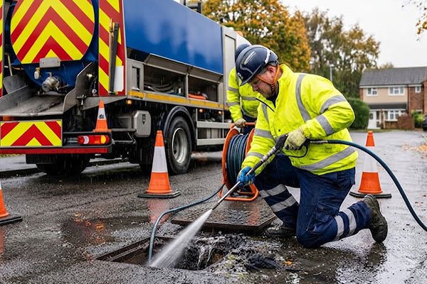 Drainage engineer jet washing a blocked drain in the street