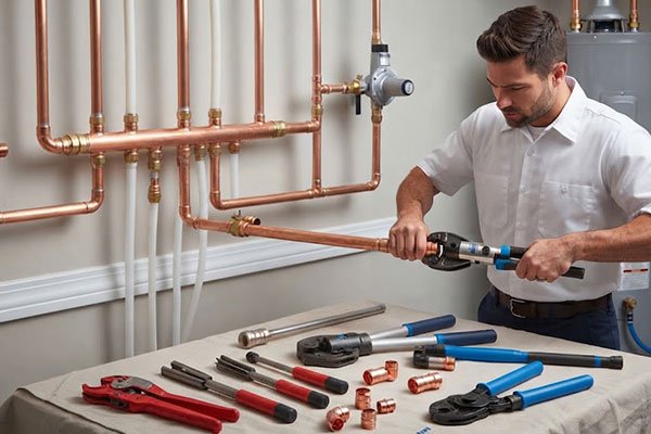 Plumber installing copper water pipes with fitting tools
